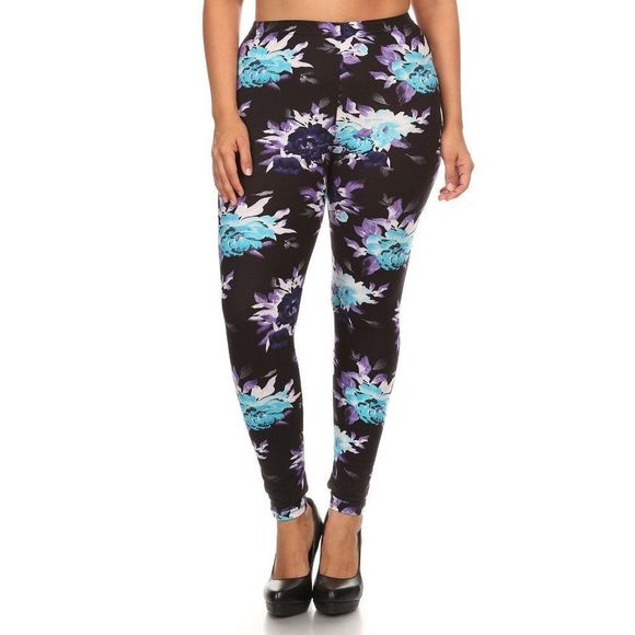 (Plus) Curvy Black Teal Navy Floral Pattern Print Leggings - Picture 2 of 5